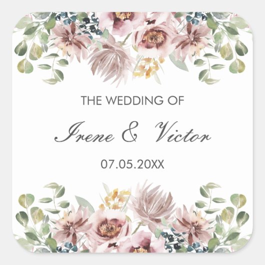 Anemone Blush Dusty palet bruiloft gepersonaliseer Vierkante Sticker (Voorkant)