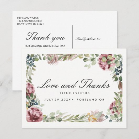 Anemone Blush Floral Chic Post BRUILOFT dank u Aankondigingskaart (Voorkant / Achterkant)