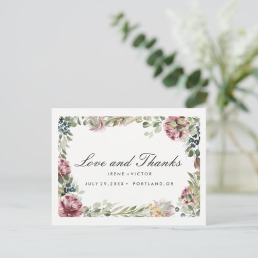 Anemone Blush Floral Chic Post BRUILOFT dank u Aankondigingskaart (Staand voorkant)