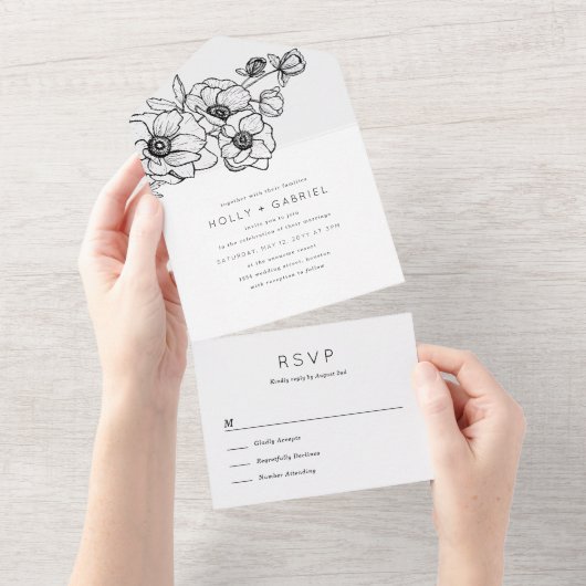 Anemone Bouquet Wedding All In One Uitnodiging (Afscheurbaar)