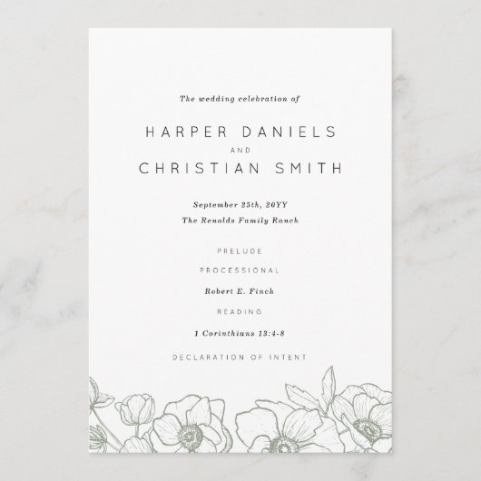 Anemone Bouquet Wedding Programmakaart (Voorkant)