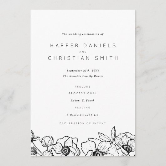 Anemone Bouquet Wedding Programmakaart (Voorkant)