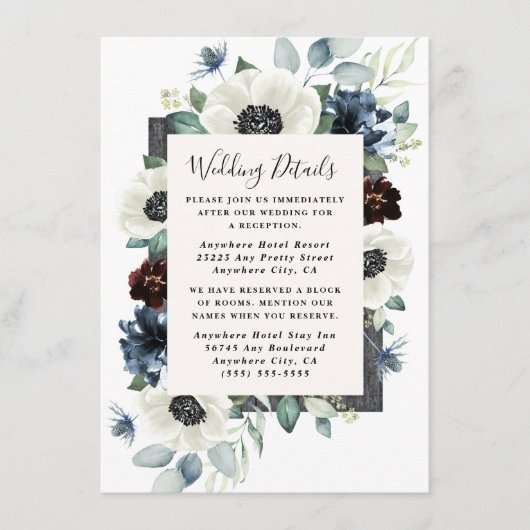 Anemone Dusty Blue Thistle Burgundy Floral Wedding Informatiekaartje (Voorkant)