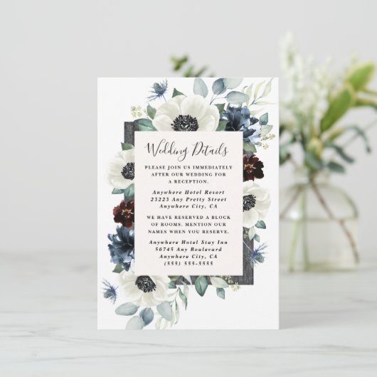 Anemone Dusty Blue Thistle Burgundy Floral Wedding Informatiekaartje (Staand voorkant)