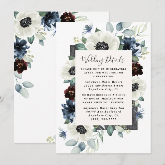 Anemone Dusty Blue Thistle Burgundy Floral Wedding Informatiekaartje (Voorkant / Achterkant)