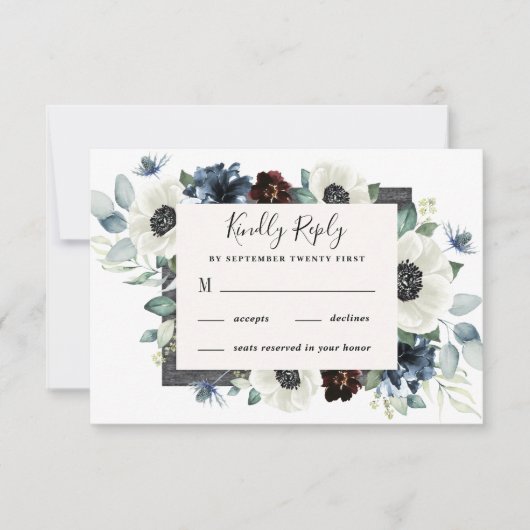 Anemone Dusty Blue Thistle Burgundy Floral Wedding RSVP Kaartje (Voorkant)