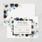 Anemone Dusty Blue Thistle Burgundy Floral Wedding RSVP Kaartje (Voorkant / Achterkant)