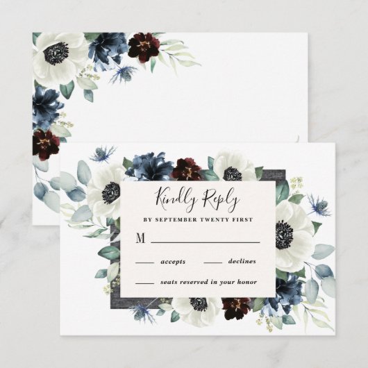 Anemone Dusty Blue Thistle Burgundy Floral Wedding RSVP Kaartje (Voorkant / Achterkant)