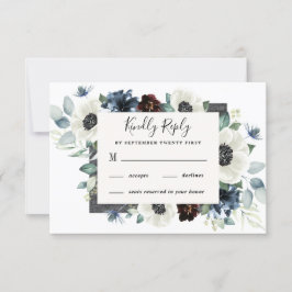 Anemone Dusty Blue Thistle Burgundy Floral Wedding RSVP Kaartje