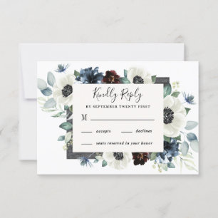 Anemone Dusty Blue Thistle Burgundy Floral Wedding RSVP Kaartje