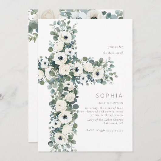 Anemone en Eucalyptus kruis doop doopsel Kaart (Voorkant / Achterkant)