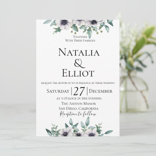 Anemone Eucalyptus Huwelijksuitnodiging Kaart (Staand voorkant)