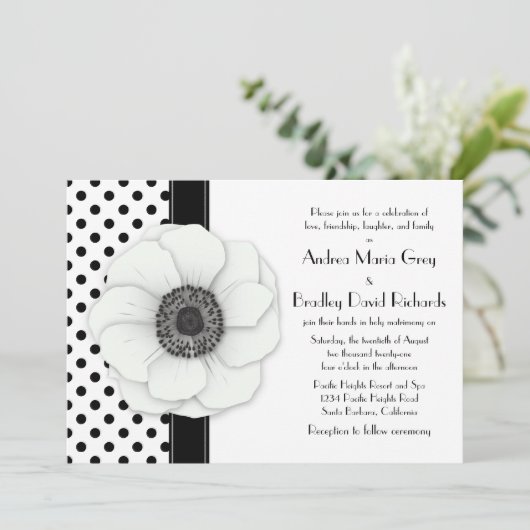 Anemone Flower Black White Polka Dot Weddenschap Kaart (Staand voorkant)
