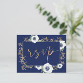 Anemone Flower Navy Blue Wedding Meal Choice RSVP Briefkaart (Staand voorkant)