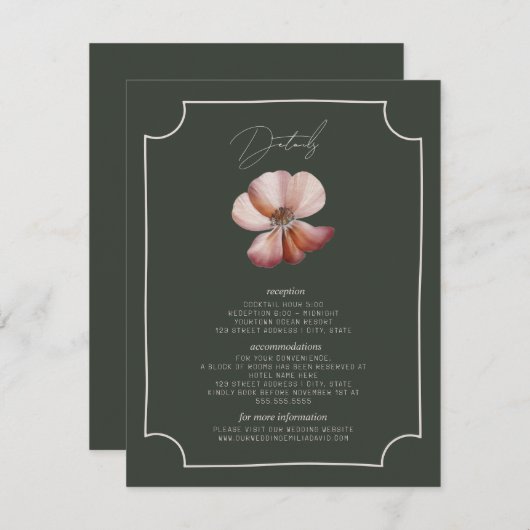 Anemone Hand getrokken Border Green Wedding Detail Informatiekaartje (Voorkant / Achterkant)