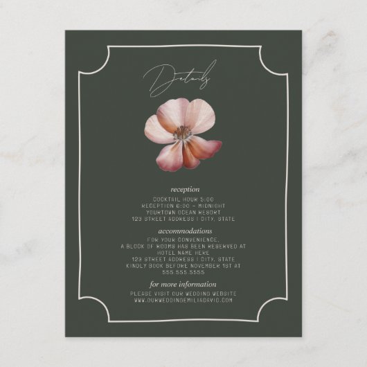 Anemone Hand getrokken Border Green Wedding Detail Informatiekaartje (Voorkant)