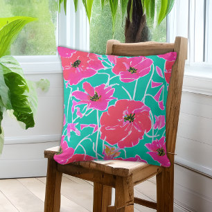 Anemone Painting Pattern Pink & Aqua Floral Kussen