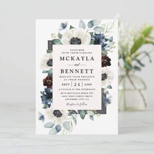 Anemone Stof Blauw Distel Bourgondië Bloemige Brui Kaart (Staand voorkant)