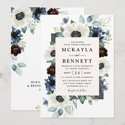 Anemone Stof Blauw Distel Bourgondië Bloemige Brui Kaart (Voorkant / Achterkant)