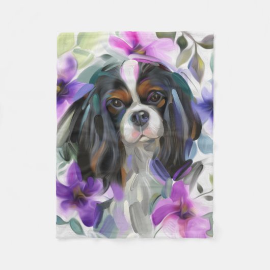 "Anemone" Tricolor cavalier dog art fleece deken (Voorkant)