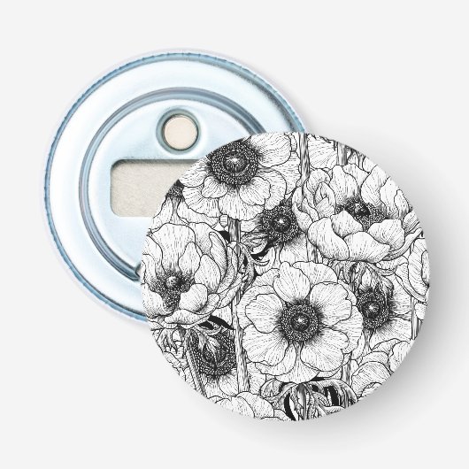 Anemone tuin in zwart-wit button flesopener (Voorkant)