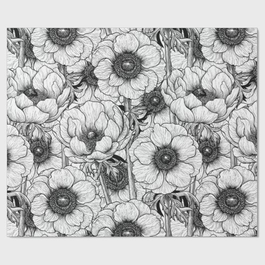 Anemone tuin in zwart-wit cadeaupapier (Vlak)