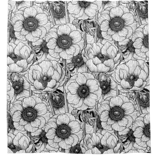 Anemone tuin in zwart-wit douchegordijn (Voorkant)