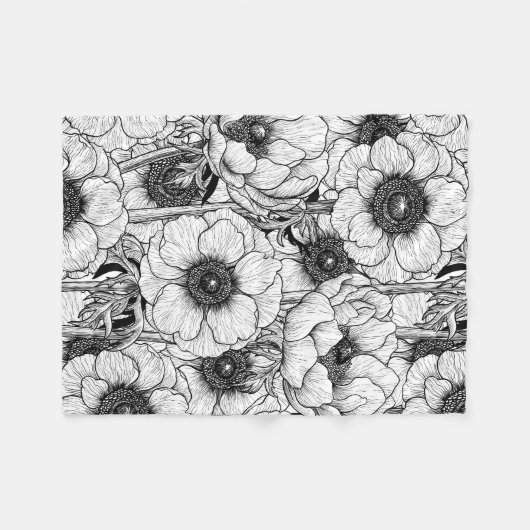 Anemone tuin in zwart-wit fleece deken (Voorkant (Horizontaal))
