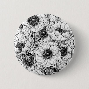 Anemone tuin in zwart-wit ronde button 5,7 cm