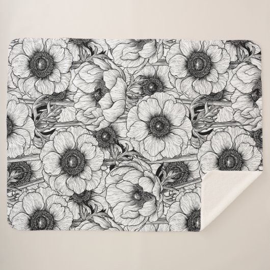 Anemone tuin in zwart-wit sherpa deken (Voorkant (horizontaal))