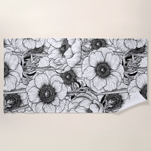 Anemone tuin in zwart-wit strandlaken (Voorkant)