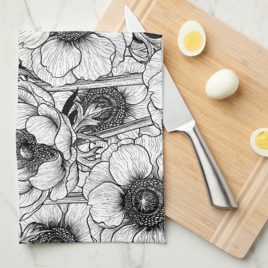 Anemone tuin in zwart-wit theedoek (Quarter Fold)