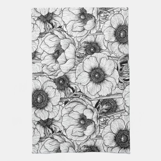 Anemone tuin in zwart-wit theedoek (Verticaal)