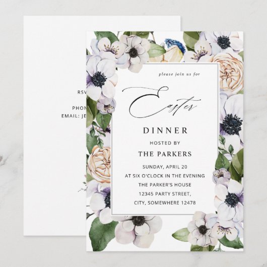 Anemone White Floral Easter Uitnodiging (Voorkant / Achterkant)