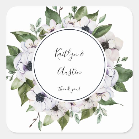Anemone White Floral Hartelijk dank Vierkante Sticker (Voorkant)