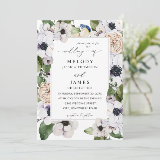 Anemone White Floral Wedding Kaart (Staand voorkant)