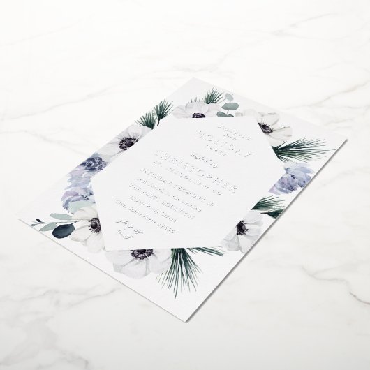 Anemone Winter White Floral Holiday Party Folie Uitnodiging (Gedraaid)