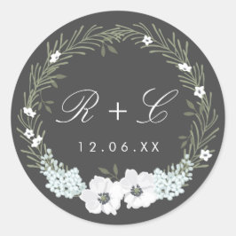  Anemone Wreath Monogram Weddenschap Ronde Sticker
