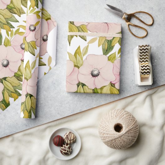 Anemone Zachte Roze Bloemen Waterverf Handbeschild Cadeaupapier (Crafts)