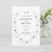 Anemone Zwart & Wit Bloemen Monogram Post Bruiloft Kaart (Staand voorkant)