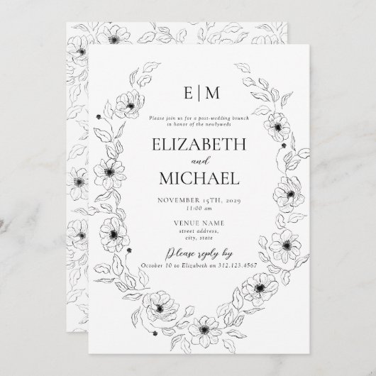 Anemone Zwart & Wit Bloemen Monogram Post Bruiloft Kaart (Voorkant / Achterkant)