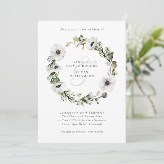 Anemonen Bloemenkrans Winter bruiloft Kaart (Staand voorkant)