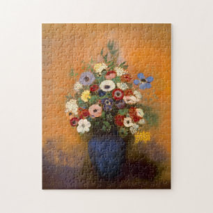 anemonen en lila in een blauw vaasje legpuzzel