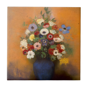  anemonen en lila in een blauw vaasje tegeltje