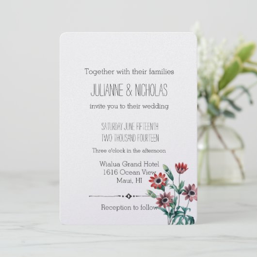 Anemones bloemenbruiloft kaart (Staand voorkant)