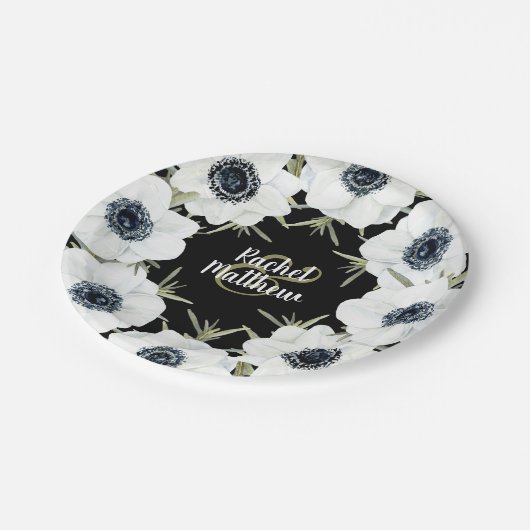 Anemones Bloemenbruiloft Zwart-wit Papieren Bordje (Gekanteld)