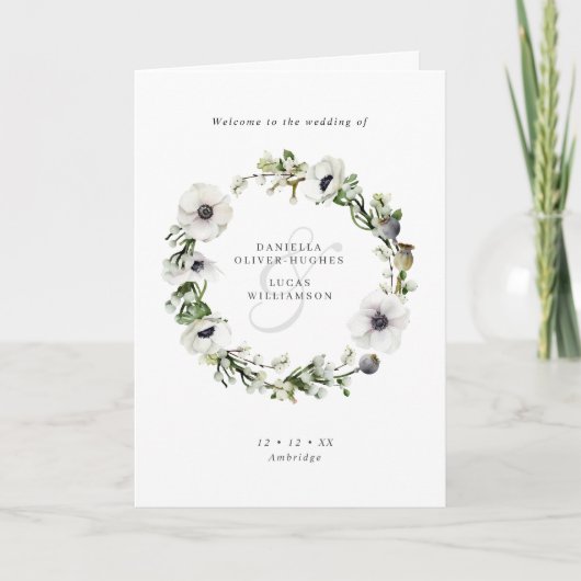 Anemones Bloemenkrans Winter Gevouwen Bruiloft Programma (Voorkant)