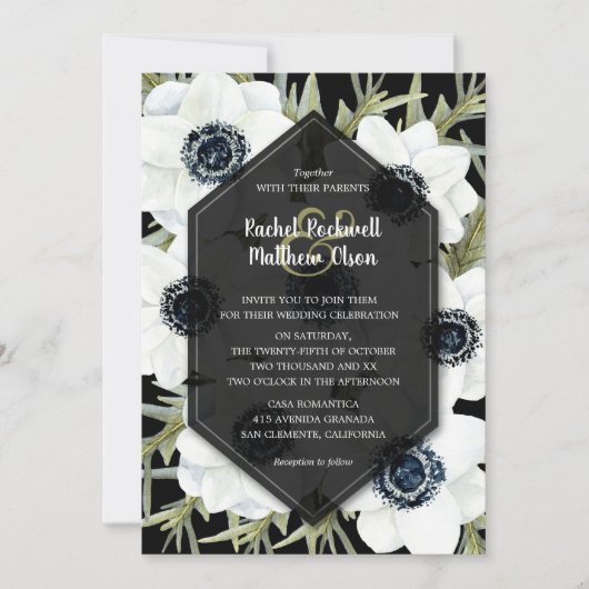 Anemones Botanical Black and White Wedding Invites (Voorkant)