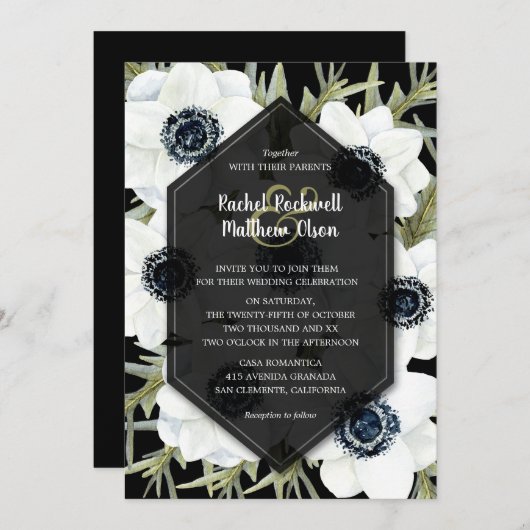 Anemones Botanical Black and White Wedding Invites (Voorkant / Achterkant)