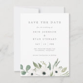 Anemones & Dusty Eucalyptus Save the Date Kaart (Voorkant)